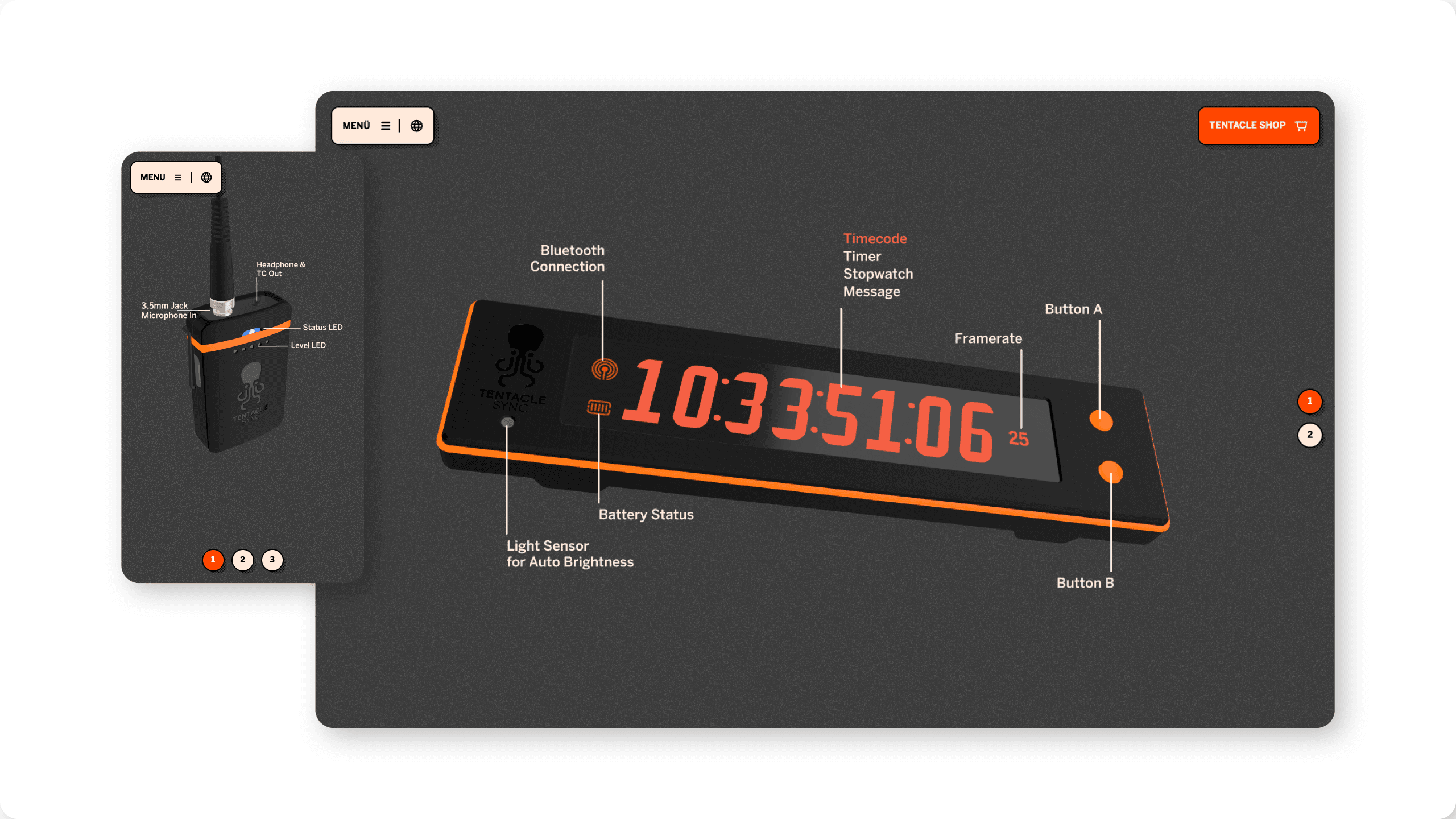 Screenshots des von Labor b entwickelten 3D-Viewers in der Tentacle Sync-Website, mit dem sich die Bedienelemente von Produkten plastisch erfahren lassen.