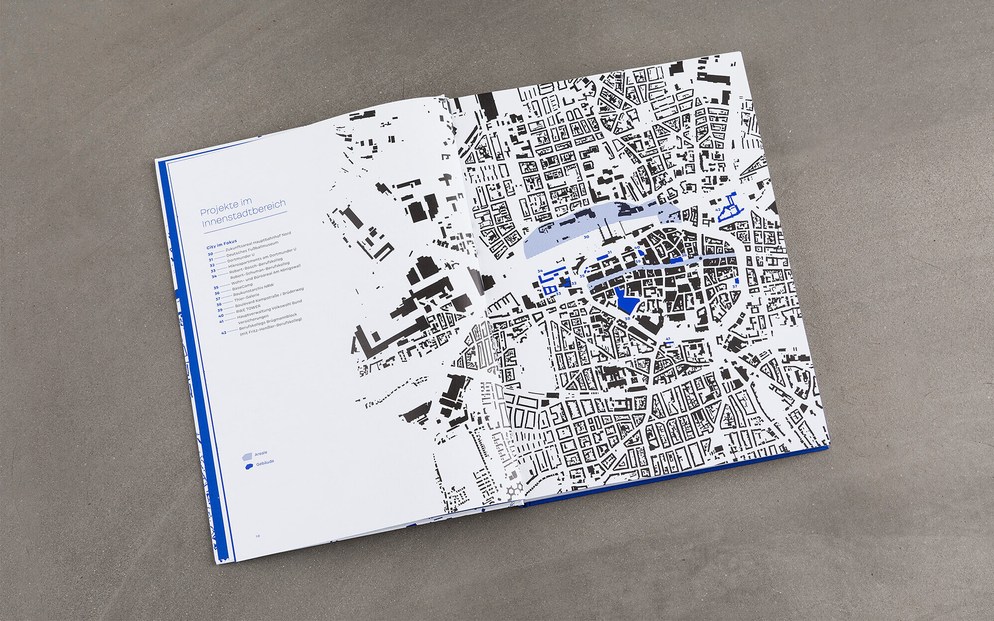 Doppelseite aus dem Buch Dortmund bauen mit Kapitel-Inhaltsverzeichnis und Plan-Grafik