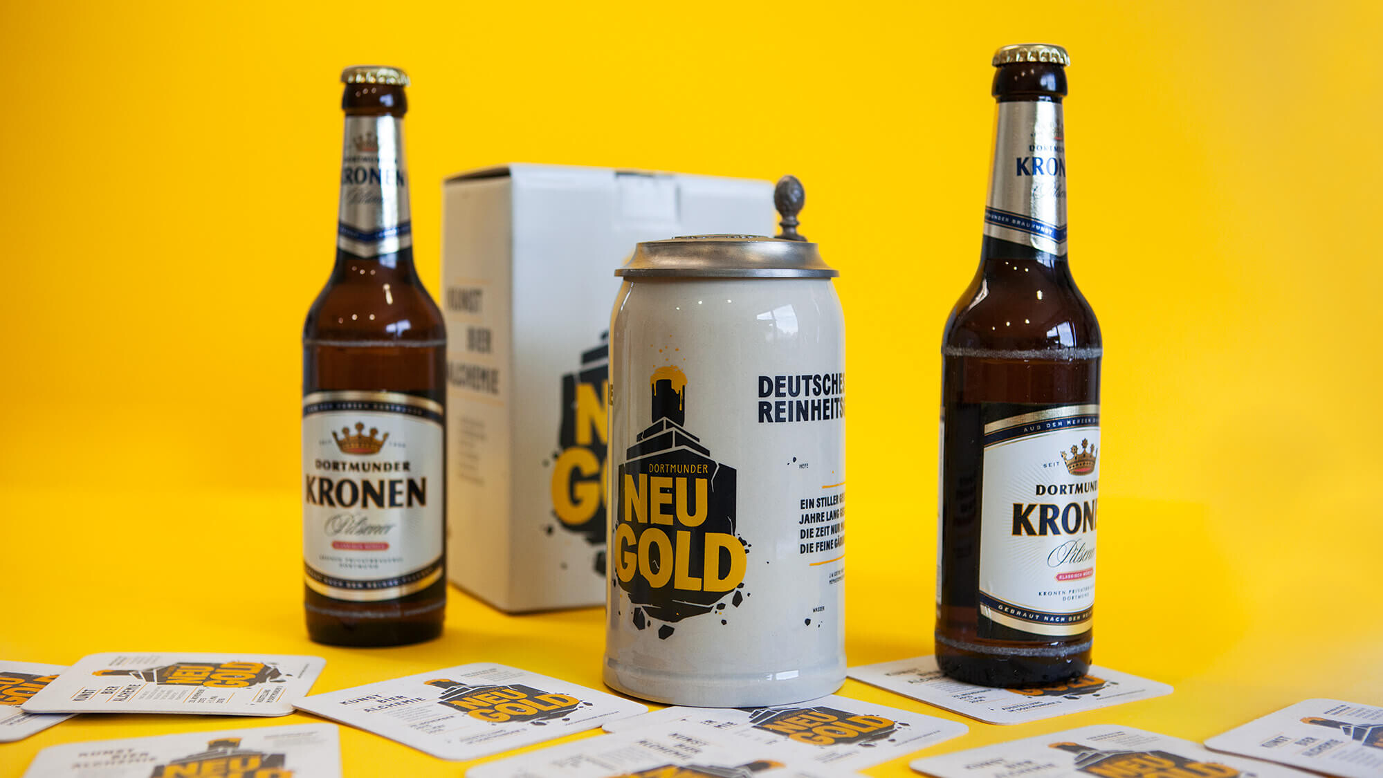 Bierkrug und Bierdeckel im Corporate Design für Dortmunder Neugold