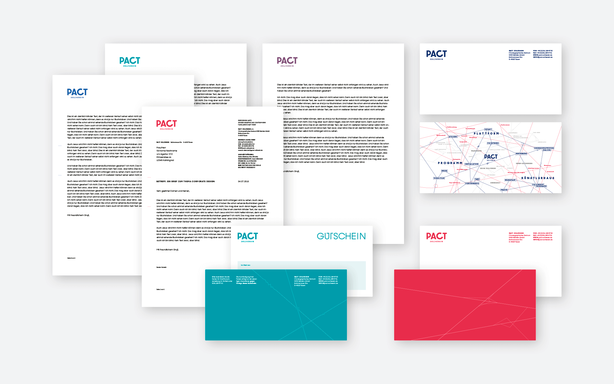 Geschäftsausstattung im neuen PACT Zollverein Corporate Design in mehreren Farbvarianten